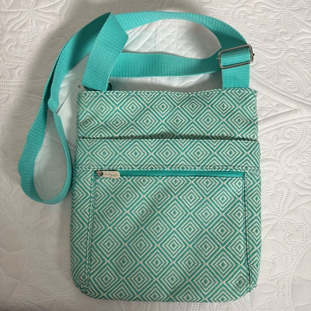NEW Thirty One Organizing Shoulder Bag Turquoise Graphic Weave Crossbody Purse - Picture 1 of 10